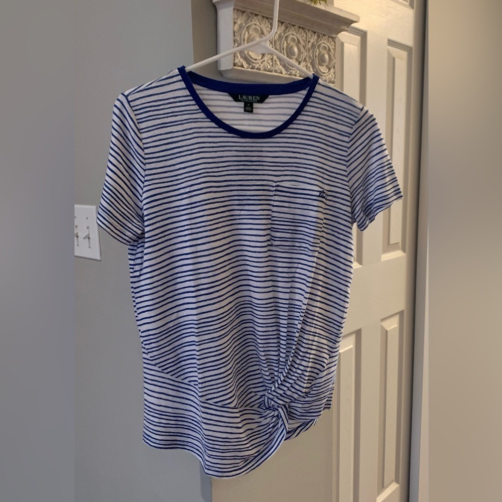 Ralph Lauren Blue and White Striped Twist Front Short Sleeve Tee NWT - Size S